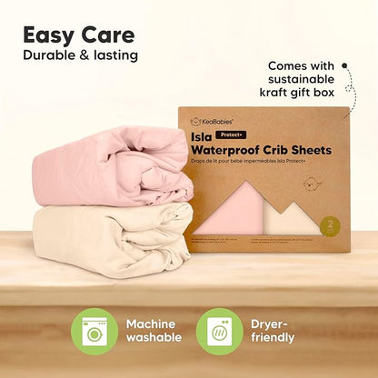 2-Pack Waterproof Baby Crib Sheets for Boys, Girls - 52x28 Viscose Derived from Bamboo Toddler Bed Sheet Neutral, Fitted Crib Mattress Protector Cover for Baby Bedding, Soft & Gentle (Cameo)