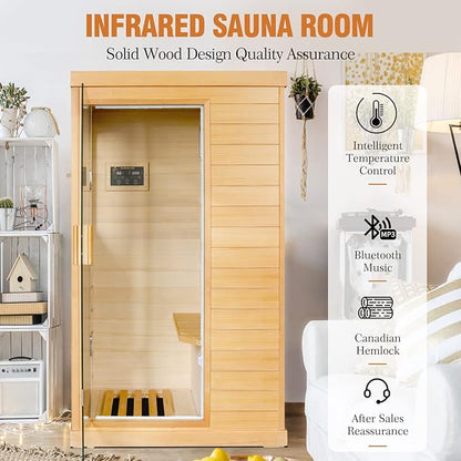 Far Infrared Sauna Home Sauna Spa Room Canadian Hemlock Wood 800W Indoor Saunas Low EMF 110V with Control Panel and Tempered Glass Door, Room: 35.2 * 27.6 * 61.6Inch
