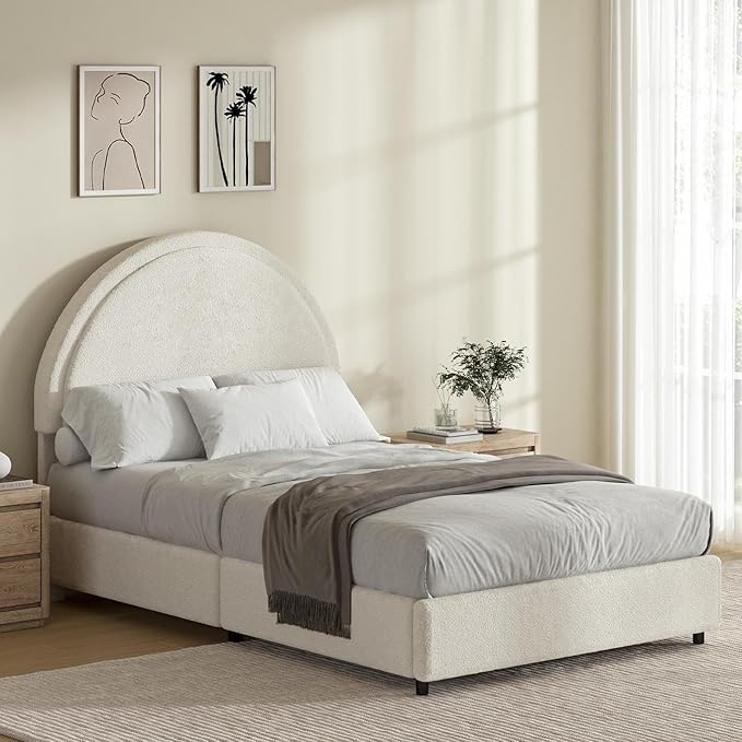 Twin Size Bed Frame, Boucle Upholstered Platform Bed with Headboard, Cloud Bed Frame with Soft Rounded Corners, No Box Spring Required, Easy Assembly, White