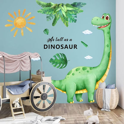 Large Dinosaur Wall Decals Removable Self-Adhesive Dino Mural with Palm Leaves Sun, Watercolor Kids Wall Stickers for Nursery Bedroom Playroom Boys Room Decor in Green and Yellow