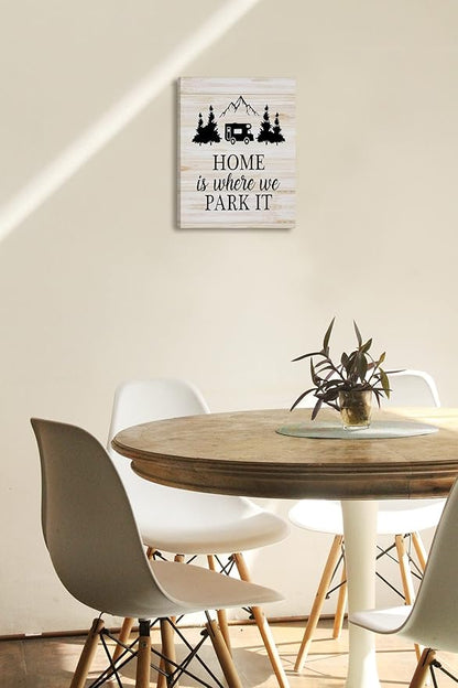 Tizzer Funny Home Wall Decor, Farmhouse Camping Signs Canvas Wall Art Prints Decor for Travel Trailer Camper, Home Is Where We Park It, 11x14 Inches