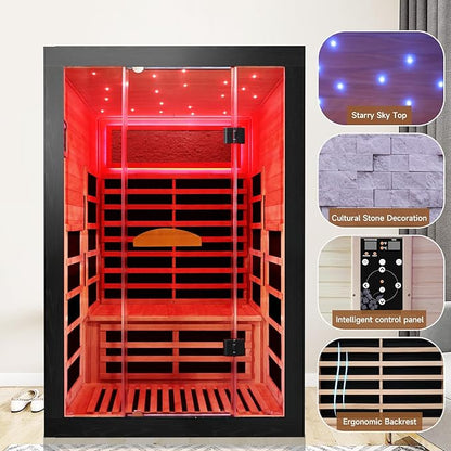 Infrared Sauna 2000W Wooden Saunas Home Spa Room Wood Low-EMF Indoor Saunas with with 7 Color Starry Sky Ceiling Light for Two Person 74.8 * 47.2 * 41.3Inch
