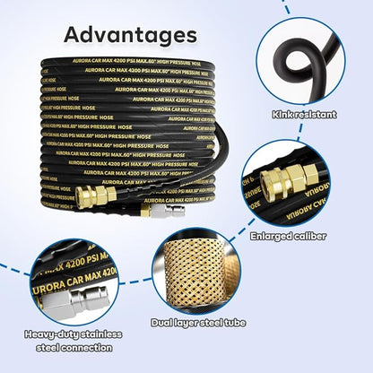 Pressure Washer Hose 50FT with 3/8 Inch Quick Connect, Kink Resistant High Tensile Wire Power Washer Hose, Industry Grade for Power Washer Hose with 2 pcs M22 14mm Adapter Set,4200 PSI