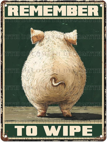 Vintage Pig Tin Sign Remember To Wipe Retro Wall Decor Nostalgic Art Funny Rustic Metal Poster Outdoor Store Cafe Poultry House Pubs Yard Bathroom Farm Farmhouse Toilet Restroom 12 * 16inch
