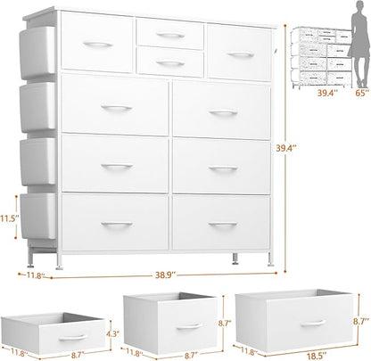 10 Drawer Dresser, Chest of Drawers for Bedroom, PU Dresser with Side Pockets, Hooks, Wooden Top and Sturdy Metal Frame for Living Room, Closet, Hallway (White)