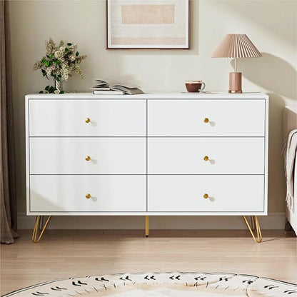 White Dresser for Bedroom, 6 Drawer Dresser with Golden Handles, Large Storage Cabinet, Modern Chest of Drawers Organizer Storage for Hallyway, Entryway