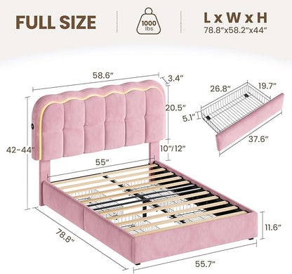 Full Size Bed Frame with 4 Storage Drawers and LED, Adjustable Clouds Headborad, Velvet Upholstered Platform Full Bed Frame with Charing Station, Wood Slats Support, No Box Spring Needed,Pink