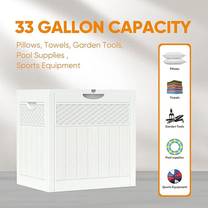 33 Gallon Resin Deck Box, Weatherproof Outdoor Storage Box for Patio, Garden and Yard, Lockable Waterproof Bin for Tools, Cushions, and Accessories, White