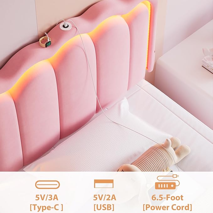 Twin Upholstered LED Bed Frame with Storage Drawer and Adjustable Chic Double Wavy Headboard, Velvet Princess Platform Bed for Girls/Kids, Solid Wood Slats Support, No Box Spring Needed, Pink