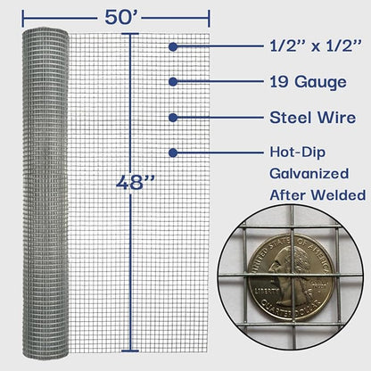 Hardware Cloth, Chicken Wire 1/2 in. x 4 ft. x 50 ft. 19-Gauge, Galvanized Wire Mesh Roll, Chicken Wire Fence Roll, Welded Wire Fencing, Garden Fence, Wire Cloth, Snake Fencing, Hardware Mesh