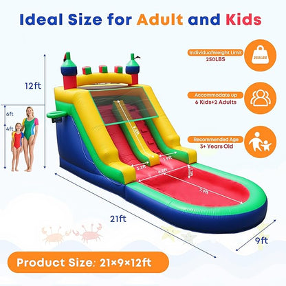 Commercial Inflatable Water Slide for Adults Kids, 100% PVC Inflatable Castle Big Water Slide with 950W Blower, Splash Pool, Large Waterslide Bounce House for Backyard Party, Outdoor Park, 21×9×12ft