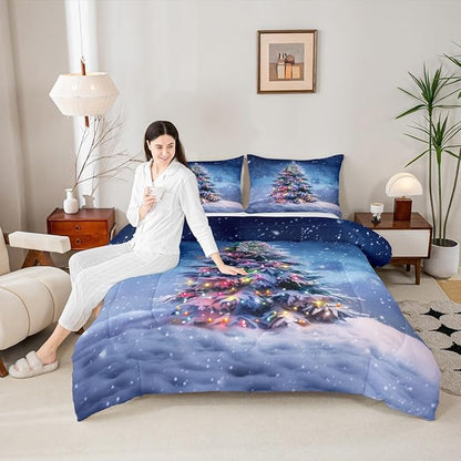 Feelyou Christmas Comforter Set All Season Xmas Tree Bedding Set with 2 Pillow Cases Colored Light Strips Microfiber Kids Full Bedclothes Snowflake Bedroom Decor Duvet Quilt Breathable Soft
