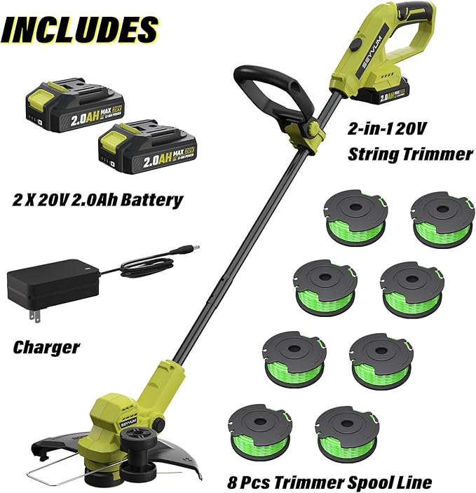 SEYVUM String Trimmer, 20V 12-inch Cordless Weed Wacker with Auto Line Feed, 2 X 2.0Ah Battery Powered Lawn Edger with 8 Pcs Grass Cutter Spool Line, Fast Charger Included, Lemon Green