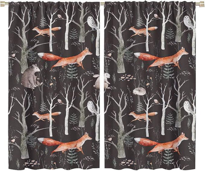 Rustic Forest Curtain, Woodland Country Hunting Animal Deer Fox Wildlife Bear Farmhouse Lodge Cabin Blackout Rod Pocket Windows Door Curtain for Bedroom Living Room Home Decor 72x63in
