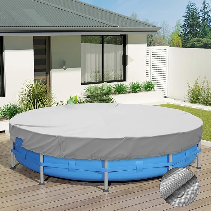 ECOOPTS Waterproof Round Polyester Pool Cover for Above Ground Pools, Swimming Pool Cover Protector Winter Safety Cover (8 ft, Light Grey)