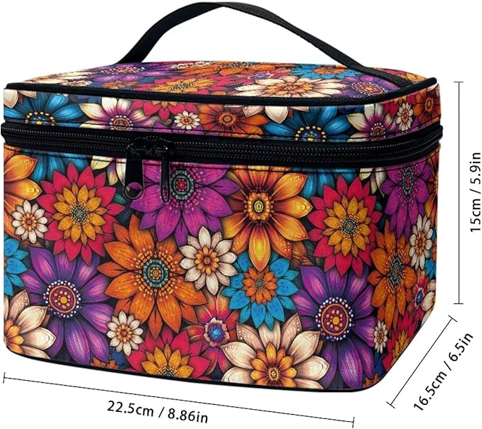 Vibrant Hippie Flower Pattern Travel Makeup Bags for Women Portable Tote Cosmetic Case with Carry Handle Toiletry Accessories Storage Organizer Bags
