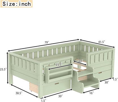 Bellemave Twin Size Kids Bed with high Rails and with Built-in Bookshelf and Drawers for Kids, Girls, Boys, Wood Montessori Bed Without Door, Avocado Green