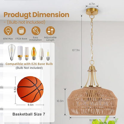18.5'' Rattan Chandeliers for Dining Room, 5-Light Boho Pendant Light, Hand Woven Lampshade for Kitchen Island, Bedroom, Living Room, Height Adjustable