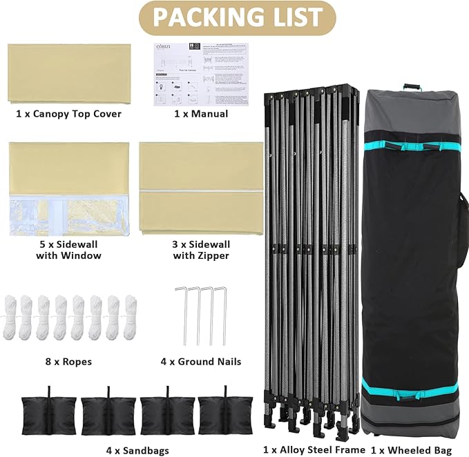 COBIZI 10x30 Pop Up Canopy with 8 Sidewall,Heavy Duty UPF 50+ All Season Wind Waterproof Commercial Outdoor Wedding Party Tents for Parties Canopy Gazebo with Roller Bag(10 x 30 ft Khaki)
