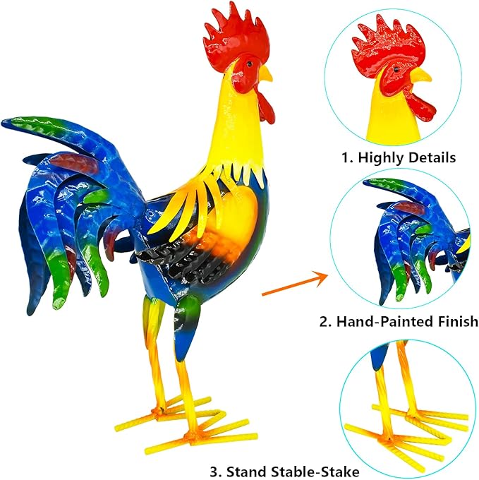 Metal Rooster Yard Art Outdoor Garden Decor Roosters Chicken Statue Decorations for Kitchen Home Lawn Patio, Multicolor