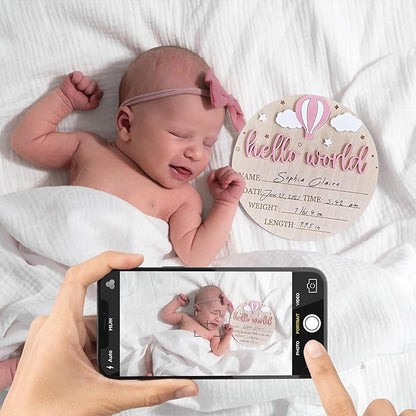Wood Baby Birth Keepsakes Plaques Hello Worlds Welcome Sign Customizable Nursery Wall Decors for Newborns