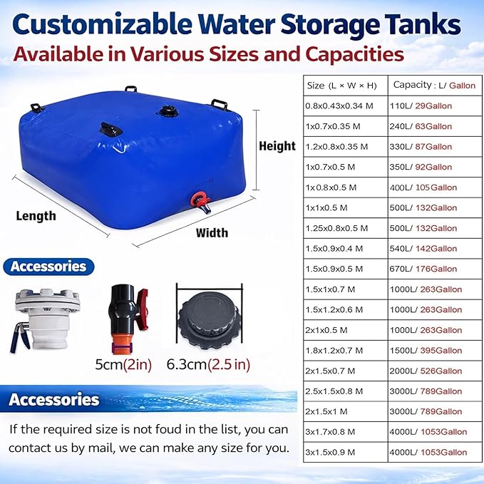 Large Capacity Water Bladder Tank 2500/2000/1500/1300/1000 Gallon, Portable Water Storage Bag with Faucet, Heavy Duty Drought-Resistant Container for Farm Irrigation & Emerge 2x1x0.5m/1000L/263gallon