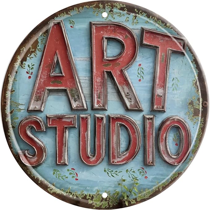 Rustic Art Studio Metal Tin Sign 8x8 In Vintage Round Wall Decor with Blue & Red for Office Bar Cafe Garage Bathroom Bedroom Decor