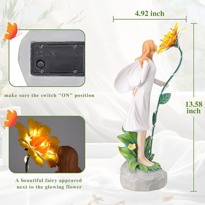 Fairy Garden Statue Outdoor Decor, Solar Powered Garden Sculptures Fairy Resin Statues Waterproof Yellow Flower Solar LED Lights Yard Art Decorations for Outside Patio Lawn Decor