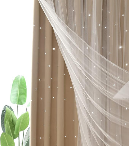 Kinryb Kids Blackout Curtains for Bedroom/Living Room/Classroom, Sheer Overlay 2 Panel Set, Double Layer Curtains with Star Cutout for Kids Room(Each Piece W 70 x L 63 Inches 2 Pcs Beige)