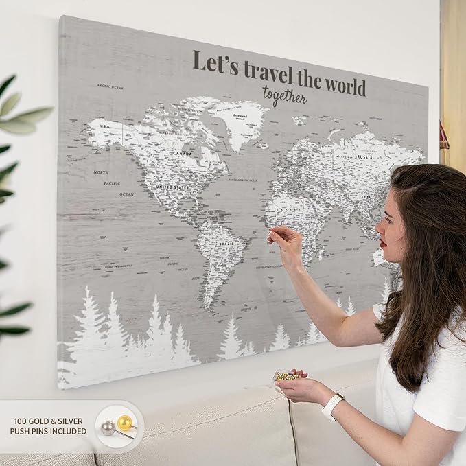ElephantStock - Let's Travel II Push Pin World Map Wall Art - Horizontal Canvas Wall Art - Living Room Wall Decor - Digital Art Map Canvas Art - Gray And White Decor - 51" x 34"