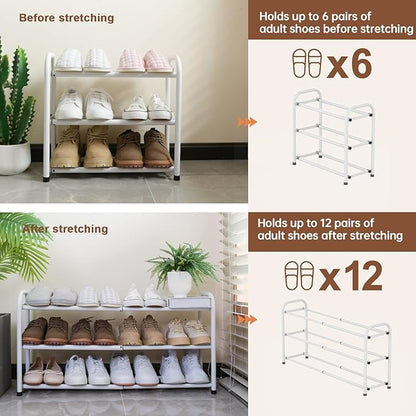 Gonfoam 3-Tier Expandable Shoe Rack,Adjustable Shoe Shelf Storage Organizer Heavy Duty Metal Free Standing Shoe Rack for Entryway Closet Doorway (White)
