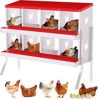 Metal Chicken Nesting Box, 8 Compartments, Rollout Egg Collection, Large Vented Holes, Perch Included, Wall Mount or Free Standing Laying Box for Hens and Chickens - Red with Legs