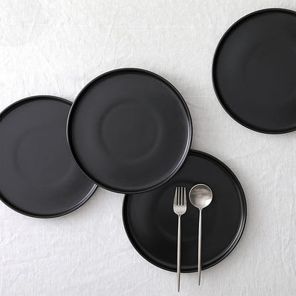 Stone Lain Coupe - Celina Stoneware Round Dinner Plates Set, 4-Piece, Black Matte