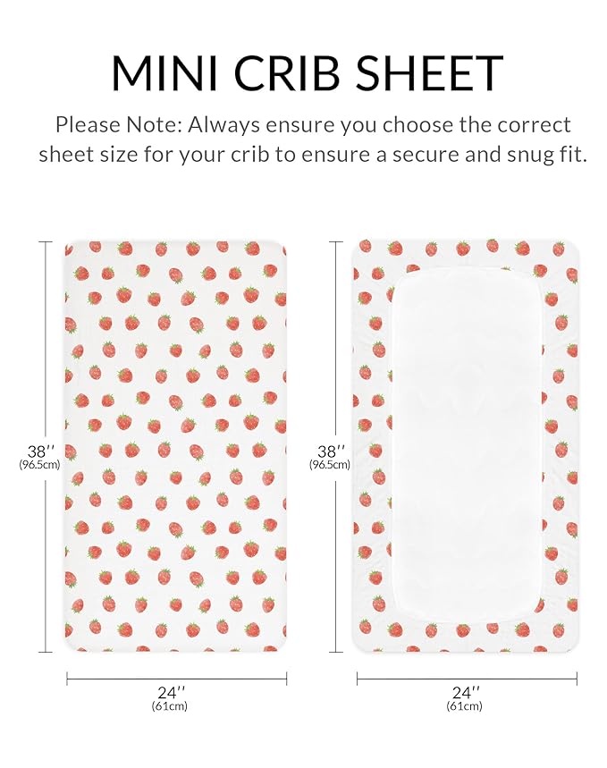 Mini Crib Sheets for Baby Boy Girl 2 Pack, Neutral Mini Crib Mattress Sheet 24" x 38", Muslin Nursery Bedding Soft and Breathable Comfort (Strawberry & Pale Pink)