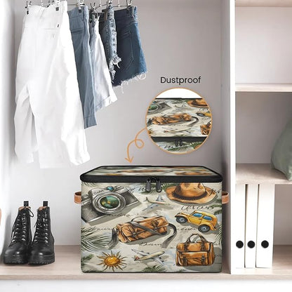 Storage Cubes with Lid Fabric Storage Bins Boxes PU Leather Handles, Cars Travel Closet Organizer Container Foldable Washable Shelf Cloth Basket, Tropical Palm Leaves