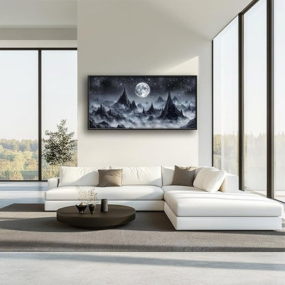 Olivine Mountain Large Wall Art, Black And White Pictures Wall Decor, Nature Landscape Paintings, Moon Canvas Prints, Framed Artwork for Dining Room Bedroom Living Room Office Bathroom Home 60"x30"