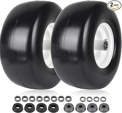 AR-PRO (2-Pack) 13x6.50-6 Flat Free Tire and Wheel - Universal 13x6.5-6 Solid Rubbe Riding Lawn Mower Tire with Rim - With 5.5"-7.8” Centered Hub and 3/4" Bearings extra 5/8" 1/2” Bushings