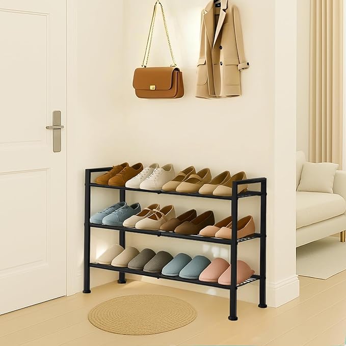 Simple 3 Tier Shoe Rack,Metal Stackable Shoe Storage Organizer for Closet,Entryway, Bedroom, Black (Black, 3-Tier)