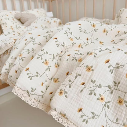 BuLuTu Cotton Muslin Toddler Comforter Shabby Chic Floral Design Twin Bed Blankets for Children Soft Lightweight Girls Boys Quilted Blanket, Wildflower Pattern, 60"x78"