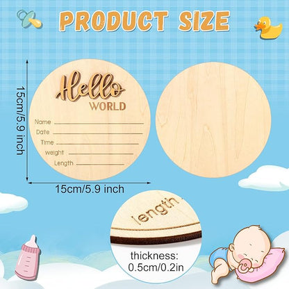 Newborn Announcement Sign, 5.9in Wooden Hello World Baby Welcome Sign Birth Plaques for Newborn Girls Boys Photo Props Baby Shower Hospital Nursery (Gold)
