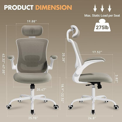 High Back Office Chair with Adjustable Lumbar Support & Headrest, Ergonomic Mesh Desk Chair with Flip-Up Armrests, Breathable & Comfortable Computer Chair for Home, Office & Study, Khaki