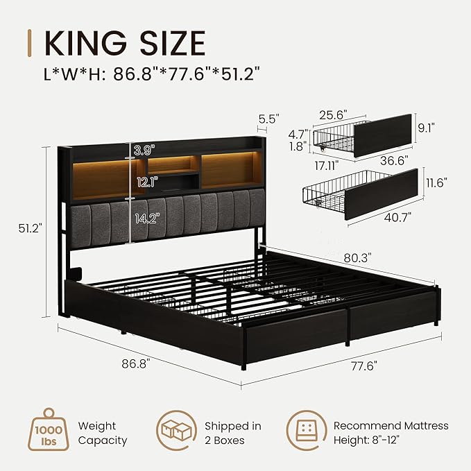 King Bed Frame with 6 Storage Drawers, Linen Upholstered Headboard, Built-in