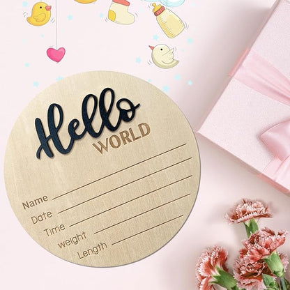 Baby Announcement Sign, 5.9 Inch Wooden Hello World Newborn Signs, Birth Announcement Sign, Baby Shower Hospital Nursery for Newborn Boys and Girls (Black)