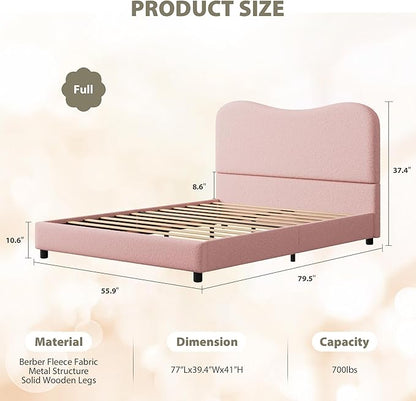 Senfot Pink Boucle Bed Frame with Upholstered Headboard, Soft Low Profile Sturdy Platform Bed with Rounded Corners Design, Heavy Duty, Wooden Slats, Noise Free, No Box Spring Needed, Full Size