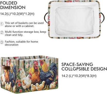 ALAZA Rooster Chicken Hen Garden Farm Foldable Storage Box Storage Basket Canvas Storage Bin with Handle Rectangular Decorative Fabric File Box for Shelf Closet, 2 Pack