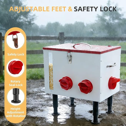 60LB Large Automatic Chicken Feeder with Viewing Window, 7 Feeding Ports,Made from Rust-Proof Metal with Adjustable Height Legs and Safety Latch Suitable for Chickens, Ducks