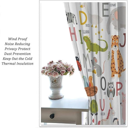 Alphabet Kids Learning Curtains Cartoon Animal Baby Boys Child Educational Curtain with Rod Pocket for Bedroom Nursery Home Decor Drapes Window Treatments 2 Panels Set 42" W X 54" L