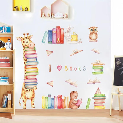 Animals Reading Books Wall Decals Watercolor Large Giraffe Bear Rabbit Owl Read Books Wall Stickers for Kids Bedroom Nursery Playroom Classroom Library Reading Corner Decoration