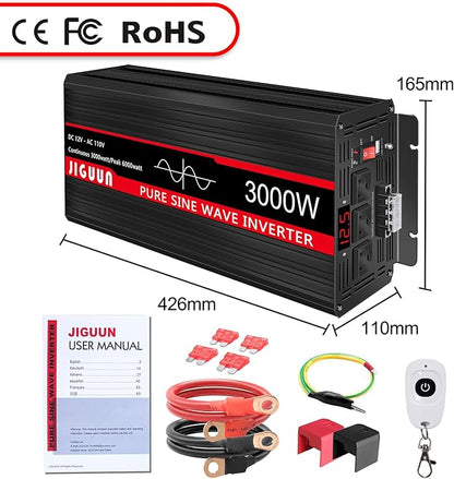 JIGUUN 3000 Watt Pure Sine Wave Inverter, Power Converter 12V DC to 110v/120v AC, Car Inverter with 4 AC Outlets& USB Port Remote Control for RV Camping Truck.