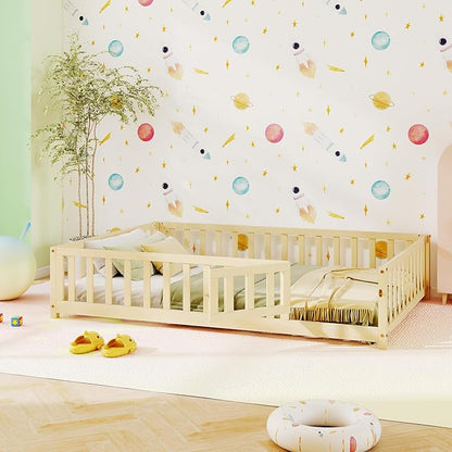 KOMFOTT Full Size Wood Floor Bed with Door & Fence, Montessori Bed Frame with Full Length Safety Guardrails, Slats Support, Door & Latch, Wooden Montessori Floor Bed, No Box Spring Needed